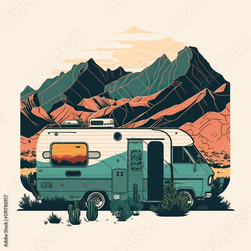 Generative AI. Vintage Retro camper rv home truck. Adventure trip journy motivational poster. Can be used for decoration and inspiration. Graphic Art Illustration. photo