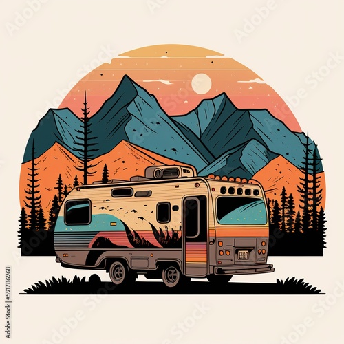 Generative AI. Vintage Retro camper rv home truck. Adventure trip journy motivational poster. Can be used for decoration and inspiration. Graphic Art Illustration. © Graphic Warrior