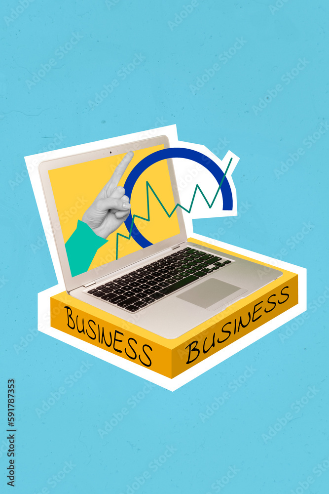 Vertical collage picture of black white colors arm point finger netbook ...