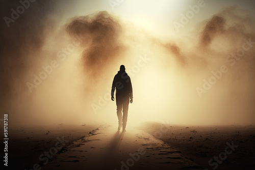 Silhouette of a human moving toward the uncertainty surrounded by mist and fog. Generative AI