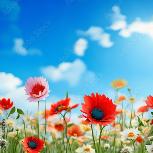 Dreamy flowery background with a field of flowers and a blue sky in the distance. Generative AI.