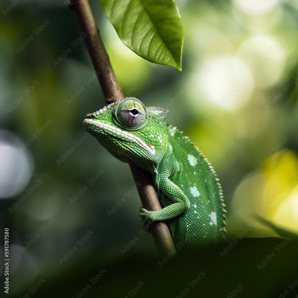 Obraz premium Chameleon strolls on thin stick.