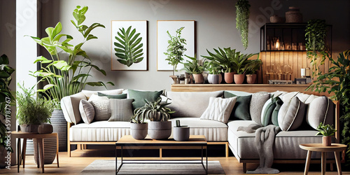 Modern interior of open space with design modular sofa, furniture, wooden coffee tables, plaid, pillows, tropical plants and elegant personal accessories in stylish home decor. Generative Ai.