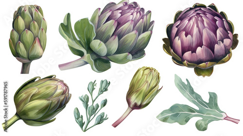 Set of illustrations of artichokes, garden plants, decorative design elements, watercolor illustrations isolated on white background usable for design stickers wallpapers Generative AI