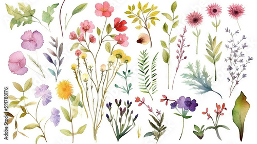Set of illustrations of flowers, plants, pots, garden plants, decorative design elements, watercolor illustrations isolated on white background usable for design stickers wallpapers Generative AI