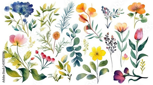 Set of illustrations of flowers, plants, pots, garden plants, decorative design elements, watercolor illustrations isolated on white background usable for design stickers wallpapers Generative AI