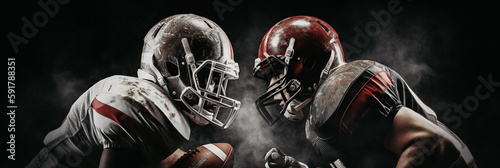Two football players in uniforms with helmets on their heads compete for the ball against a dark background. Banner. Generative ai photo