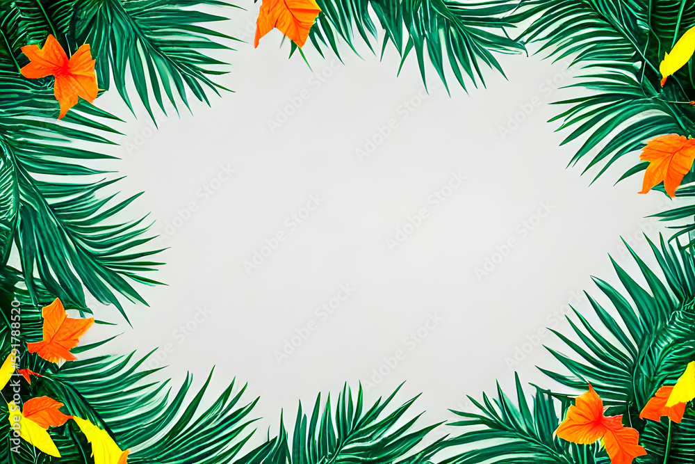 Top view of creative natural background frame for text, with tropical leaves and flowers, copy space available, created by generative AI