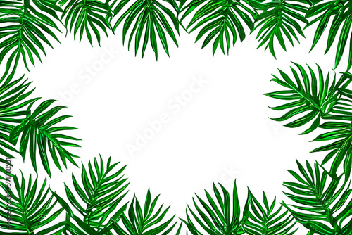 Top view of creative natural background frame for text, with tropical leaves, copy space available, created by generative AI