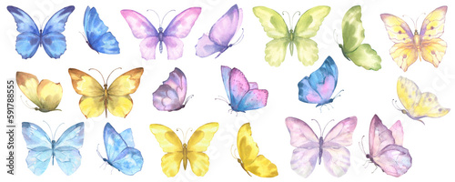 Big set of colorful butterflies, watercolor illustration isolated on white background. Delicate butterflies in pastel shades