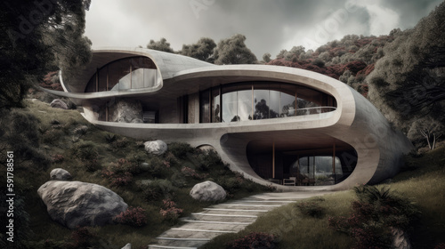 Organic futuristic house embedded into a grassy hill. Generative AI