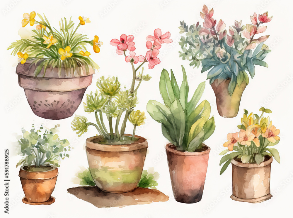 Set of illustrations of flowers, plants, pots, garden plants, decorative design elements, watercolor illustrations isolated on white background usable for design stickers wallpapers Generative AI Set of illustrations of flowers, plants, pots, garden plants, decorative design elements, watercolor illustrations isolated on white background usable for design stickers wallpapers Generative AI