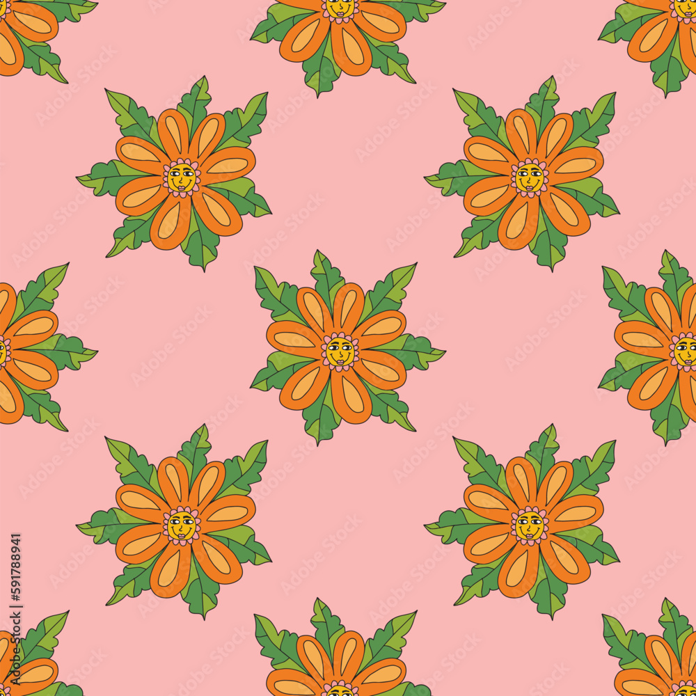 Colorful fantasy doodle cartoon groovy flower seamless pattern. Floral background.