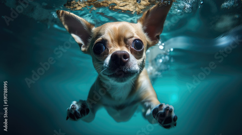 Chihuahua dog underwater. Generative AI © Farnaces