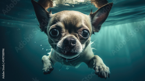 Chihuahua dog underwater. Generative AI
