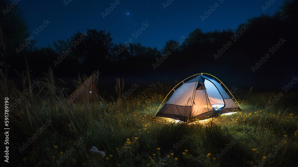 camping tent high in the mountains at sunset. banner with copy space. generative AI