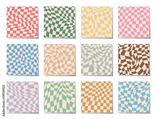 Set of retro groovy wavy psychedelic checkerboard in pale pastel colors, square. Y2K, phone case background from the 90s. Hippie chessboard template. Psychedelic retro design from the 60s 70s.