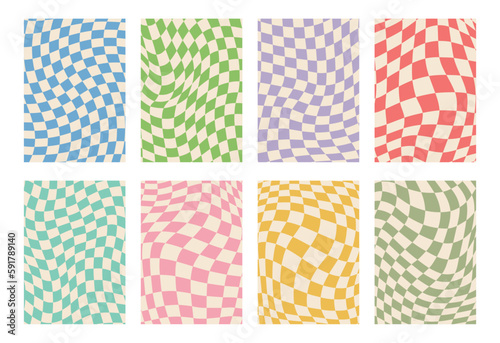 Fototapeta Naklejka Na Ścianę i Meble -  Retro set of groovy wavy psychedelic checkerboard in pale pastel colors, A4. Y2K, phone case background from the 90s. Hippie chessboard template. Psychedelic retro design from the 60s 70s. Gingham.