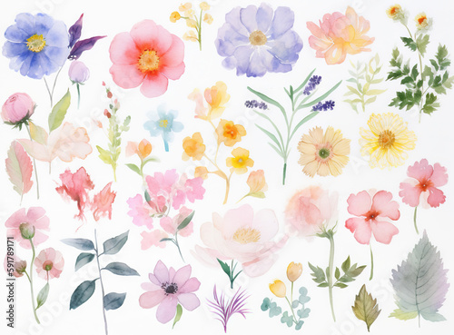 Set of illustrations of flowers, plants, pots, garden plants, decorative design elements, watercolor illustrations isolated on white background usable for design stickers wallpapers Generative AI