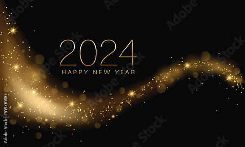 2024 Happy New Year Background Design. Golden 2024 Happy New Year Lettering on Black Background. Vector Illustration.