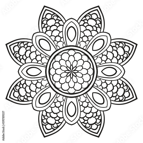 Black outline flower mandala. Doodle round decorative element for coloring book isolated on white background. Floral geometric circle.