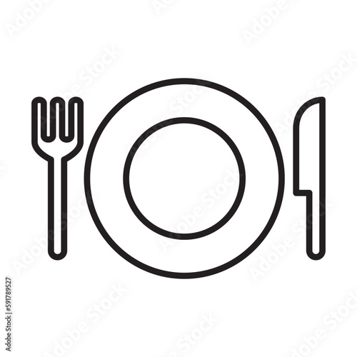 Plate, knife and fork icon. Cutlery symbol. Flat Vector illustration
