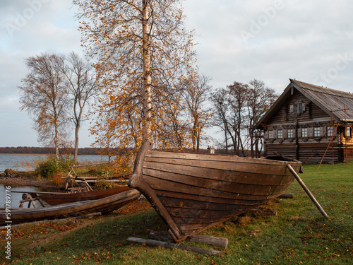 Monument of wooden architecture, wooden buildings on Kizhi Island, Karelia, northern Russia.