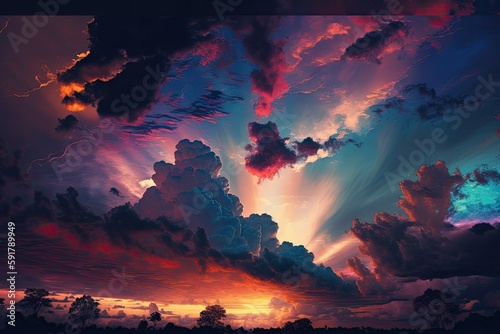 vibrant sky with clouds and sun in the horizon. Generative AI © 2rogan