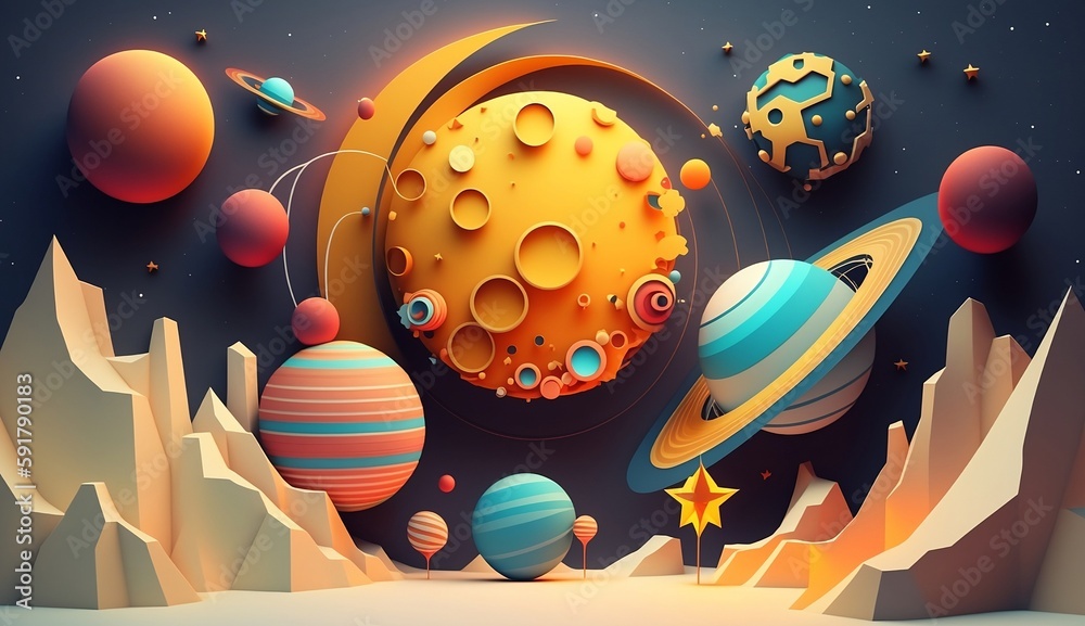 Abstract background space with many shape of planet and star in paper art and craft design concept. Created using generative AI.