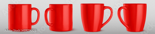 Realistic set of red mug mockups isolated on transparent background. Vector illustration of big ceramic cups with handles for drinking beverages, hot tea or coffee at home or in office. Place for