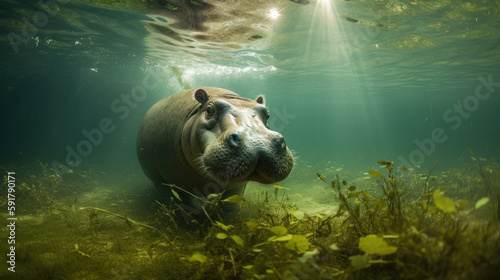 Hippopotamus under water. Generative AI