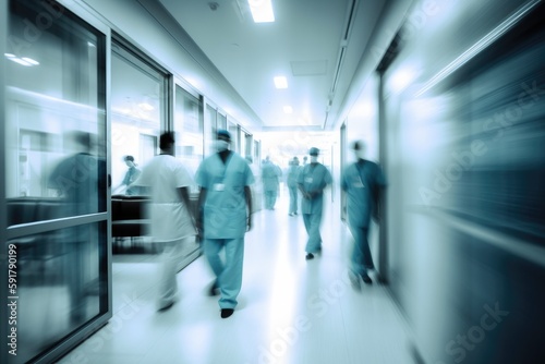 Medical staff in the hospital in blur. Generative AI