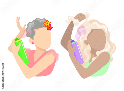 Set of two templates of faceless female images applying hairspray in different colors on a white background