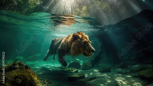 Big lion diving under water. Generative AI