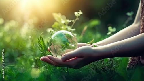 female hands hold the planet against the background of green grass, ecology and conservation theme. ai generated