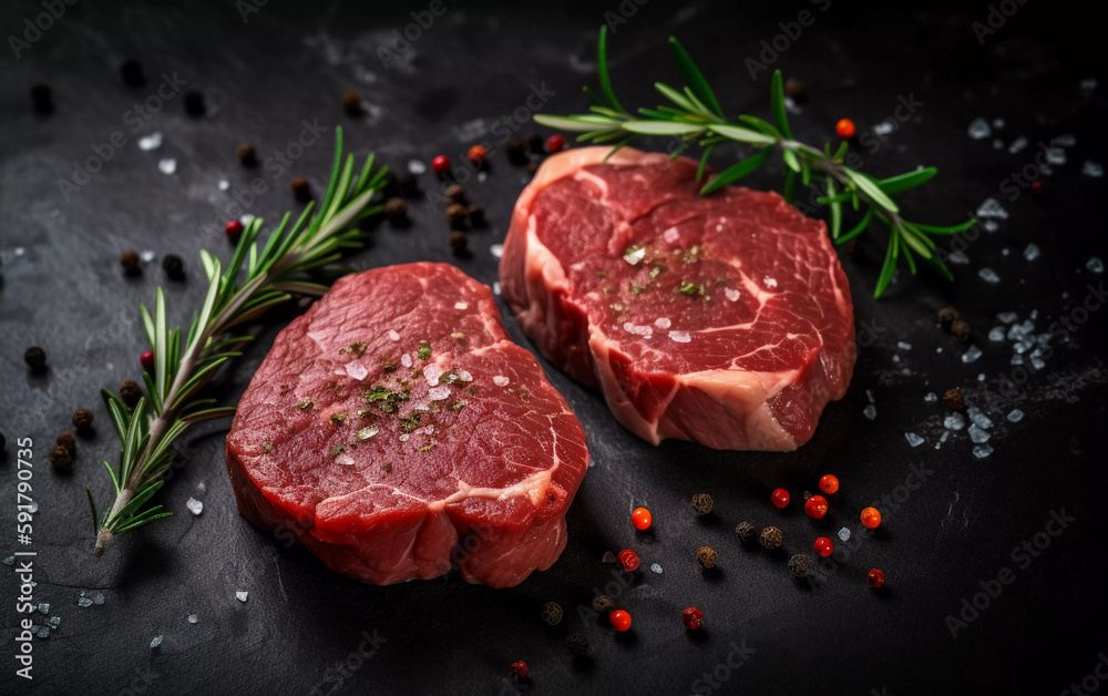 raw beef steak on a black stone plate