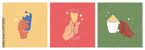 Set of hands holding a various beverages, cup whit cappuccino, and glasses with wine and cocktail. Hand drawn vector illustration isolated on colorful background. Modern flat cartoon style