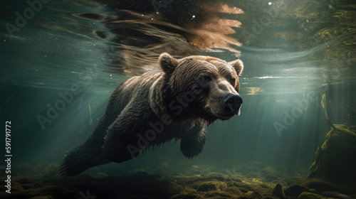 Big brown bear diving under water. Generative AI © Farnaces
