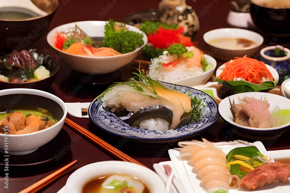 a wooden table topped with sushi and chopsticks, inspired by Maki Haku, Generative AI a wooden table topped with sushi and chopsticks, inspired by Maki Haku, Generative AI