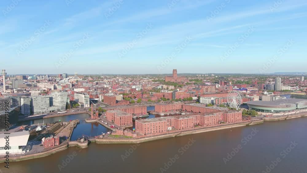 Liverpool, UK: Aerial view of city and seaport in England, famous Royal Albert Dock Liverpool - landscape panorama of United Kingdom from above Liverpool, UK: Aerial view of city and seaport in England, famous Royal Albert Dock Liverpool - landscape panorama of United Kingdom from above