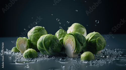 Fresh brussels sprouts with water drops on a dark background
