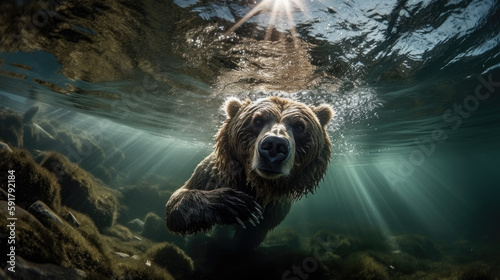 Big brown bear diving under water. Generative AI
