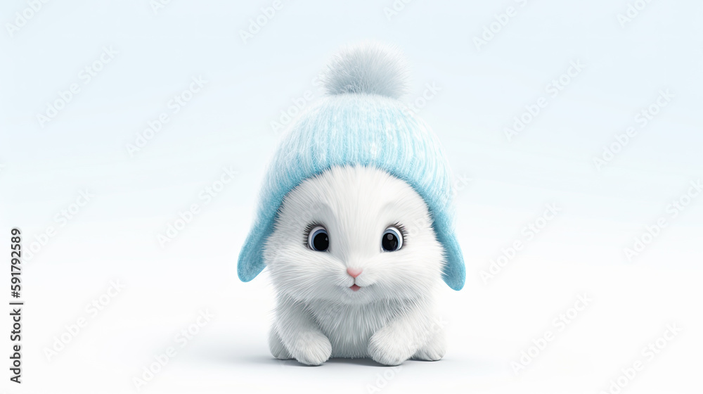 Fototapeta premium Illustration of baby bunny rabbit in a winter environment wearing warm clothes. Generative AI