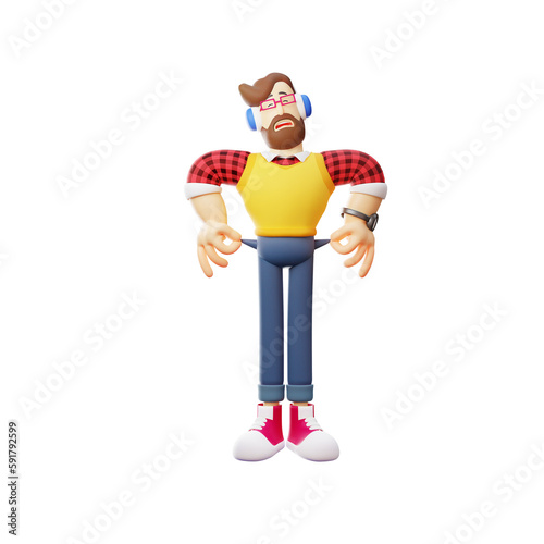 3D  illustration. Businessman 3D character design showing empty bag. hands are in pockets. showing a frustrated expression. 3D Cartoon Character