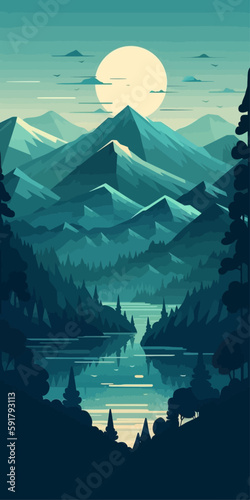 Mountain peak landscape with soft sunset light. Flat 2d vector illustration