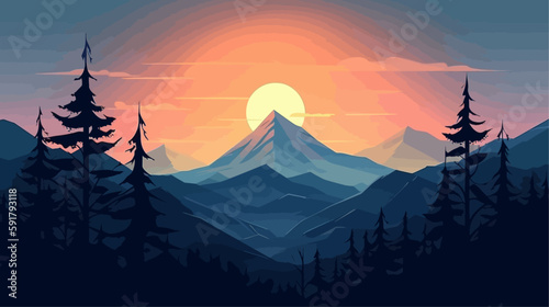 Mountain peak landscape with soft sunset light. Flat 2d vector illustration