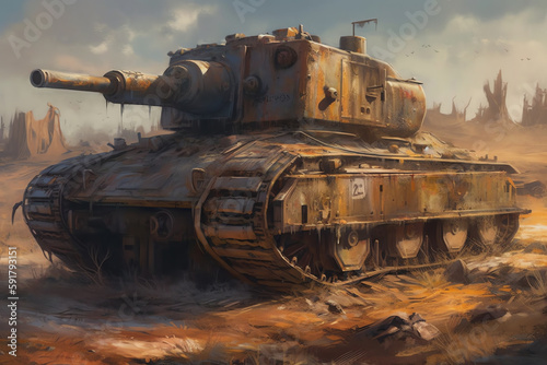 bullet-riddled tank, abandoned and rusting in a war. generative AI