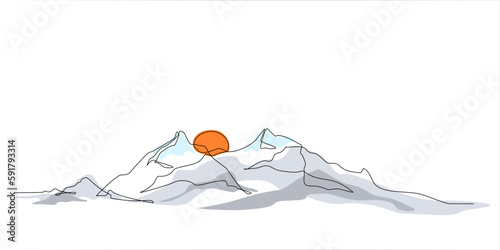 Continuous line drawing of sun and mountain range landscape background. One single line colored drawing of mountain, sunset panoramic view. Line art style illustration of nature. Vector linear style