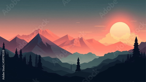 Mountain peak view landscape with sunrise soft light. Flat 2d vector illustration background