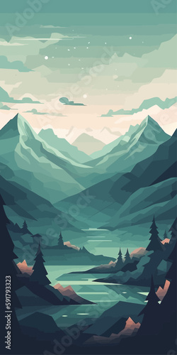 Mountain peak view landscape with sunrise soft light. Flat 2d vector illustration background